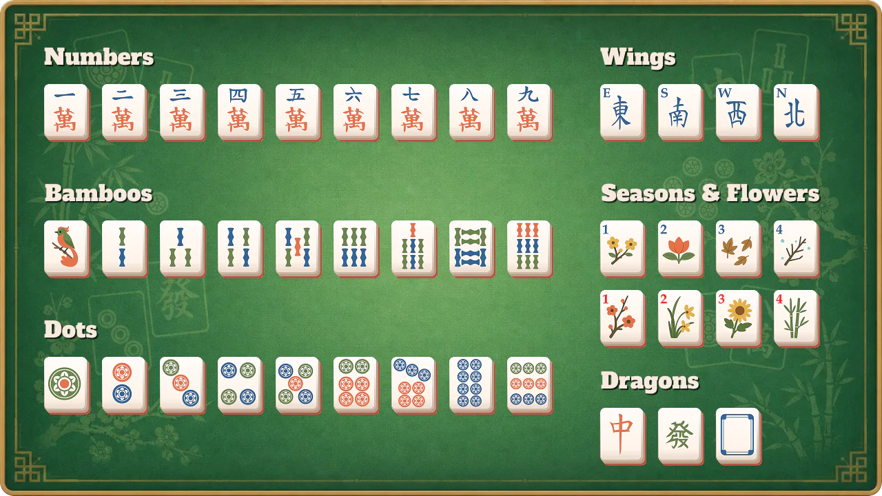 Mahjong Solitaire tile guide showing numbers, bamboos, dots, winds, seasons, flowers, and dragons